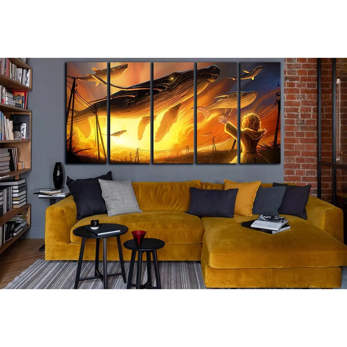 Whimsical Canvas Wall Art: Boy with Soaring Magic Whales, Ready-to-Hang Print
