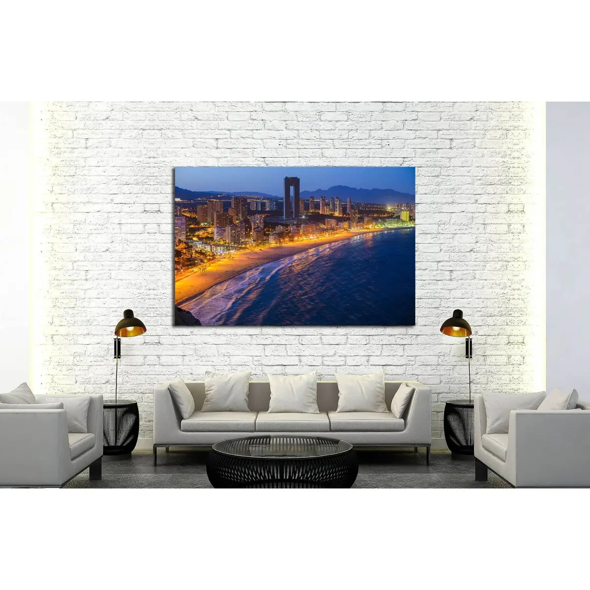 Breathtaking Night View Of The Coastline In Benidorm With High Buildings, Mountains, Sea And City Lights №2209 Ready To Hang Canvas Print 3