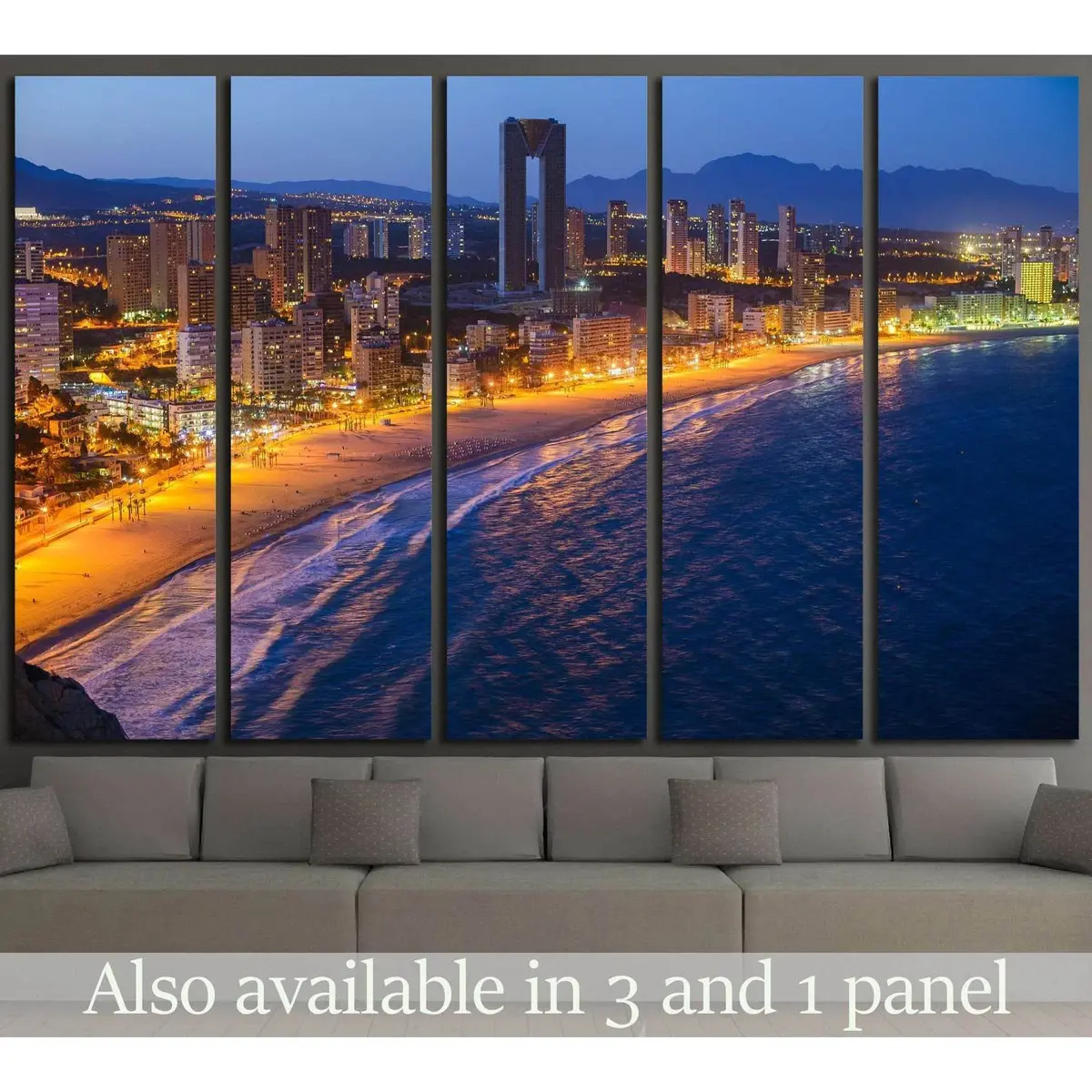 Stunning Benidorm Nightscape Canvas Art: Skyline, Mountains, Sea & Illuminated City Lights #2209