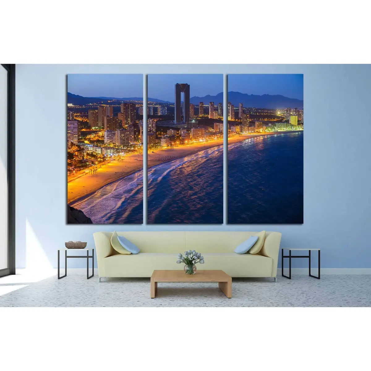 Breathtaking Night View Of The Coastline In Benidorm With High Buildings, Mountains, Sea And City Lights №2209 Ready To Hang Canvas Print 5