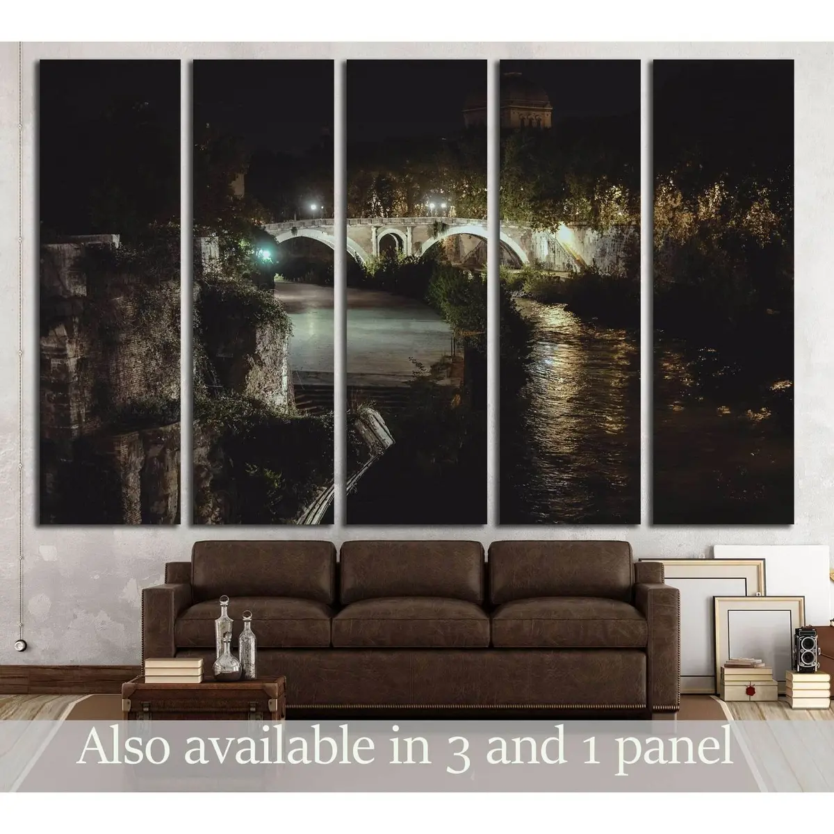 Nighttime Rome Bridge View from Hilltop – Historical Center Canvas Wall Art