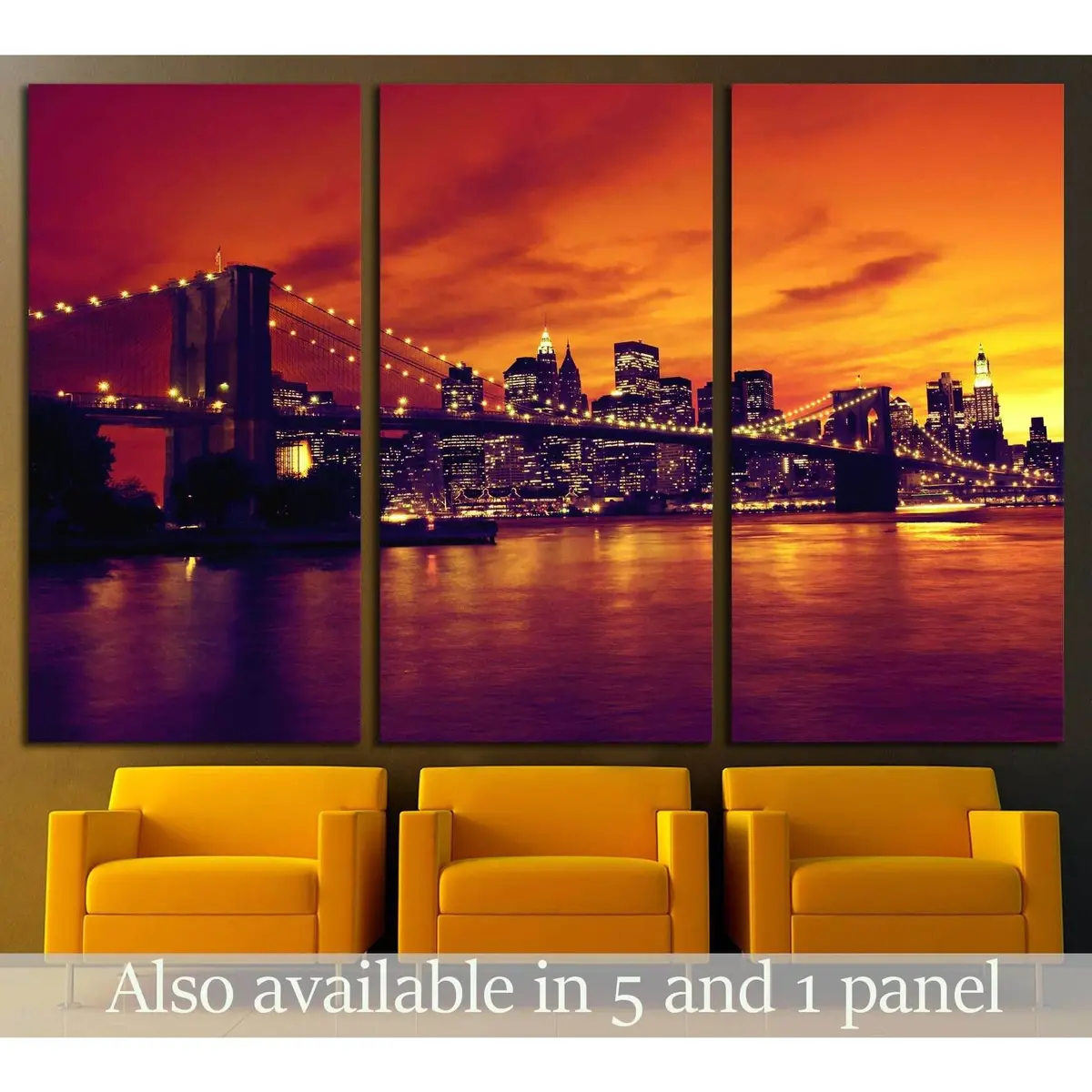 Brooklyn Bridge And Manhattan At Sunset, New York, Orange Tone №2633 Ready To Hang Canvas Print 1