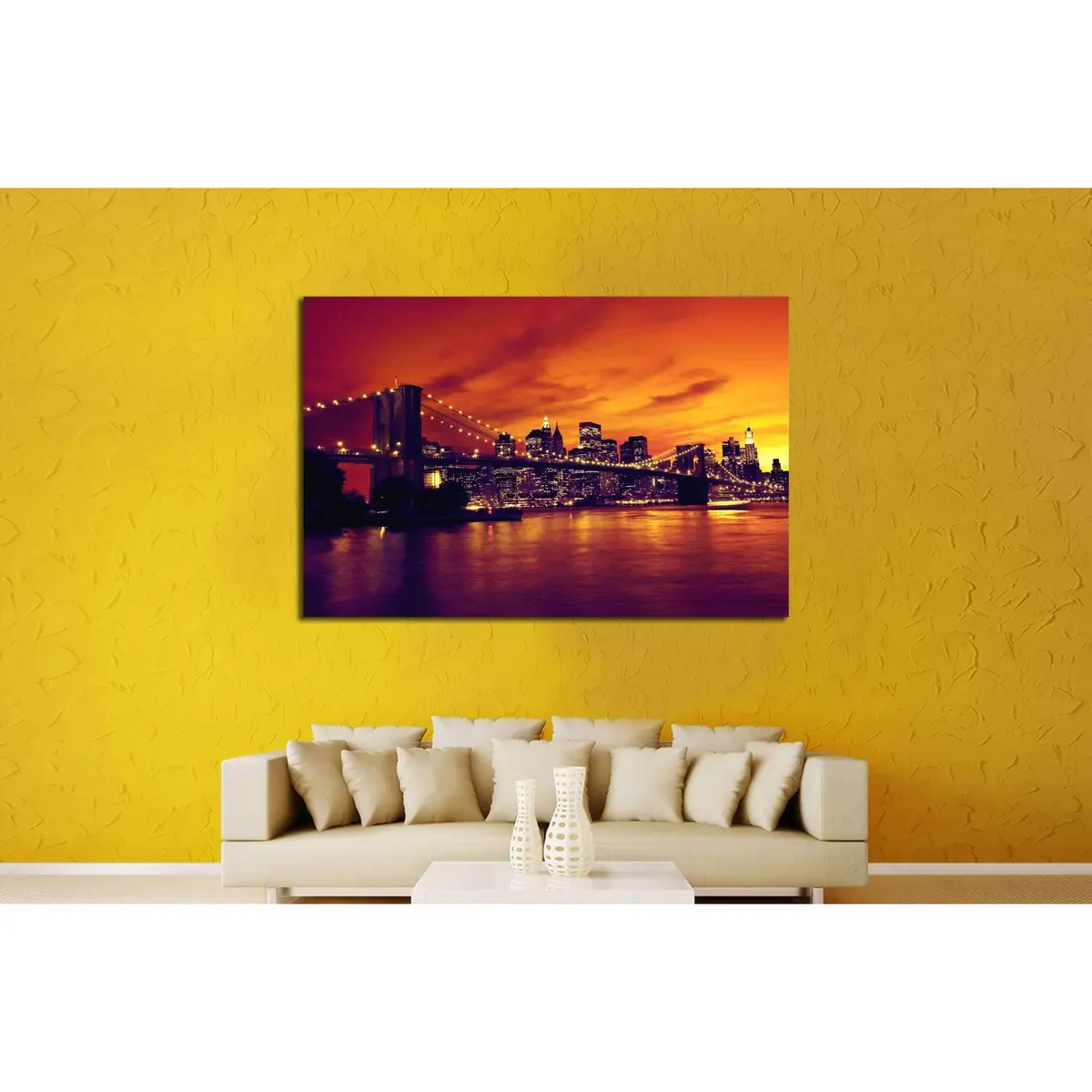 Brooklyn Bridge And Manhattan At Sunset, New York, Orange Tone №2633 Ready To Hang Canvas Print 3