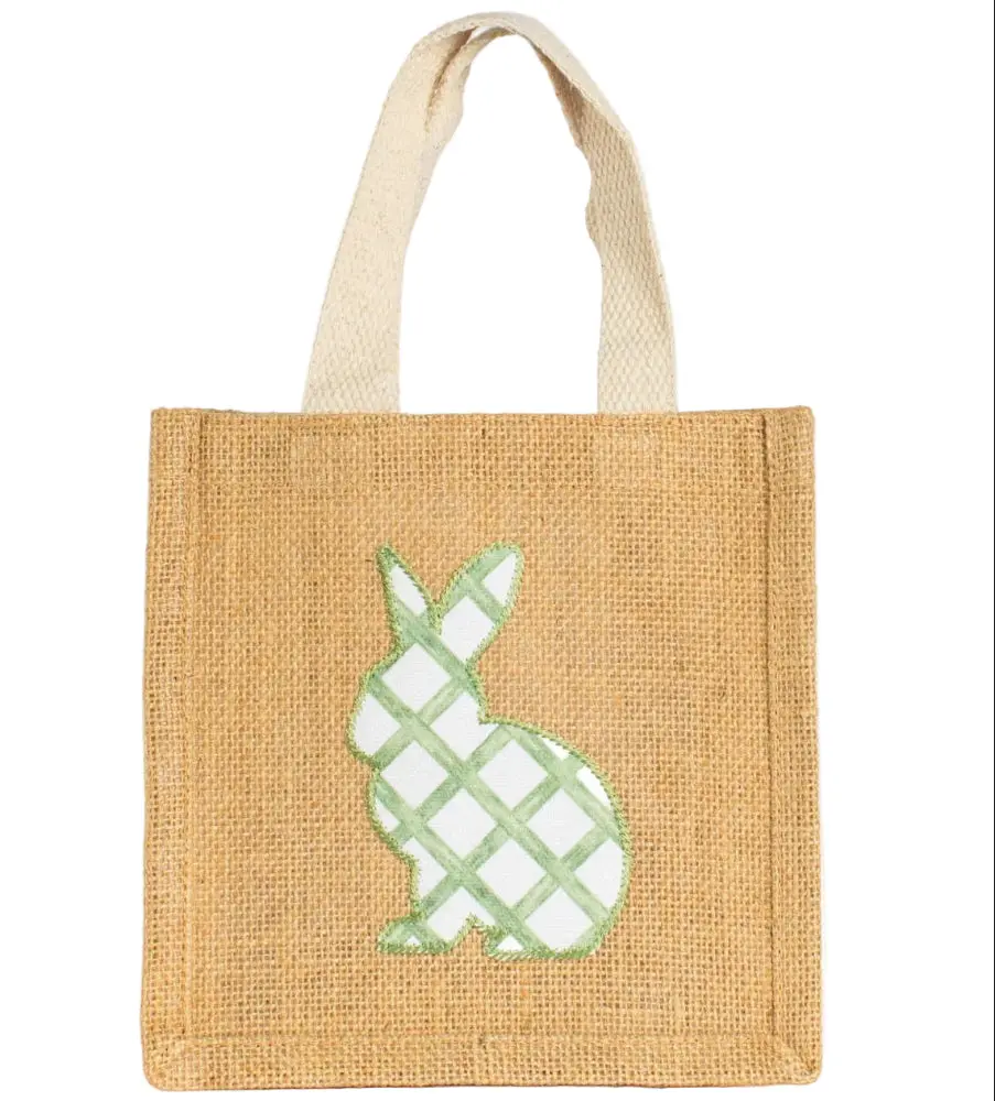 Watercolor Bunny Patch Jute Gift Tote - 7" X 7" X 5" 1