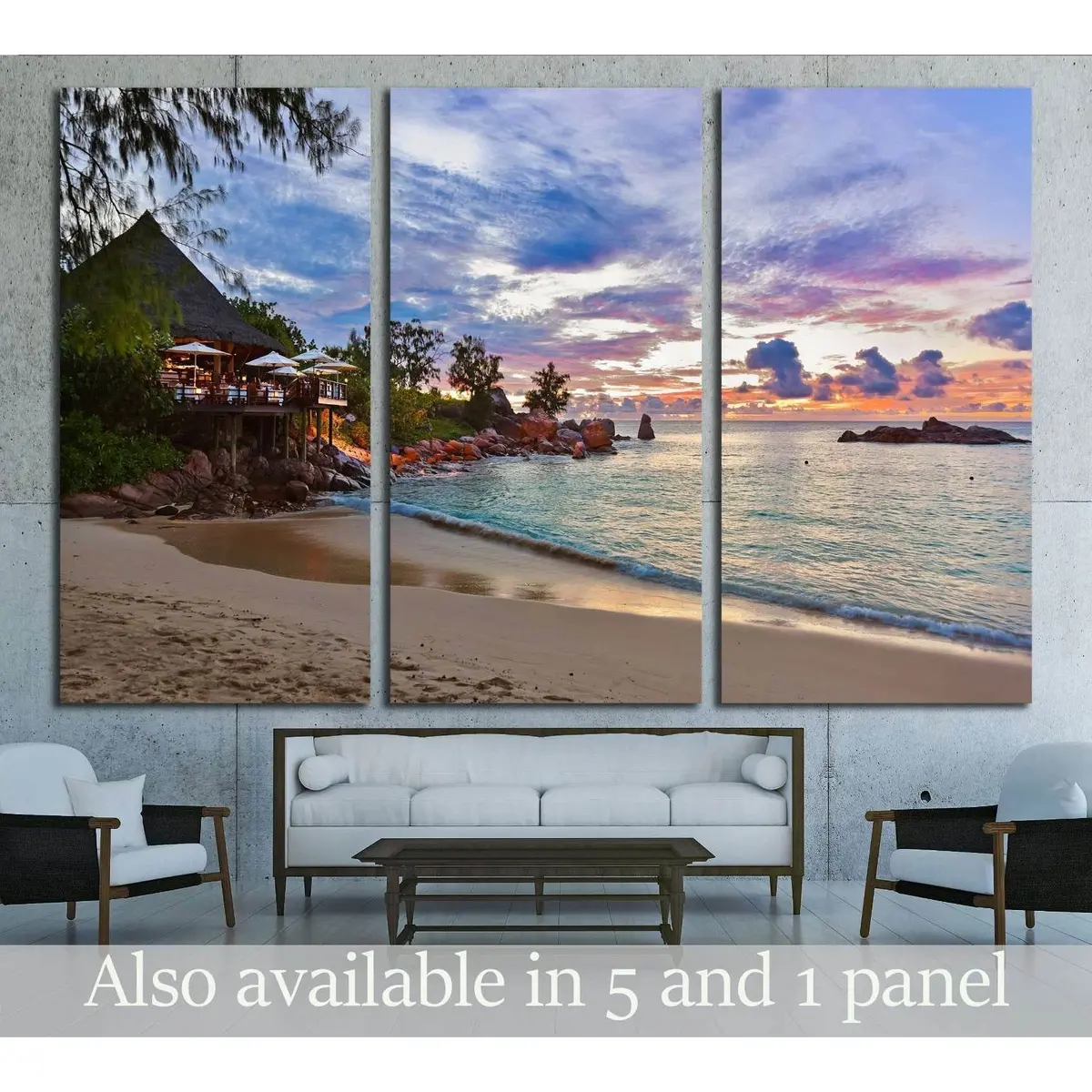 Cafe On Seychelles Tropical Beach At Sunset - Nature Backgroun №3131 Ready To Hang Canvas Print 5