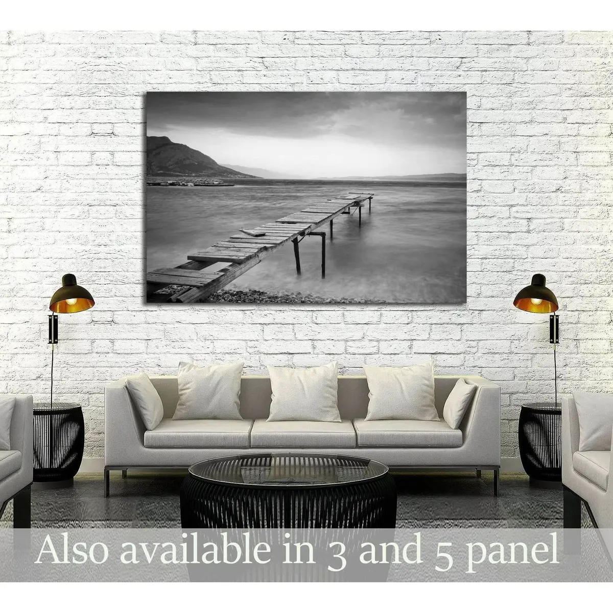 Calm Scene In Black And White With Detail Of Wooden Jetty №2924 Ready To Hang Canvas Print 1