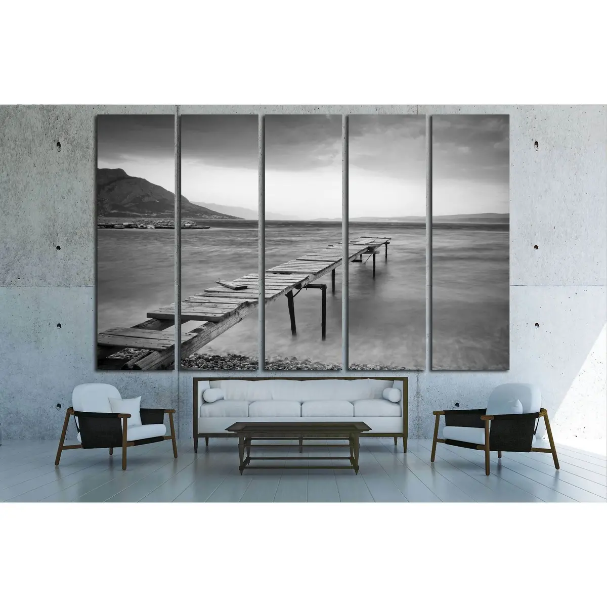 Serene Black-and-White Canvas Art Featuring a Wooden Jetty – Ready-to-Hang Wall Decor #2924 - Image 3