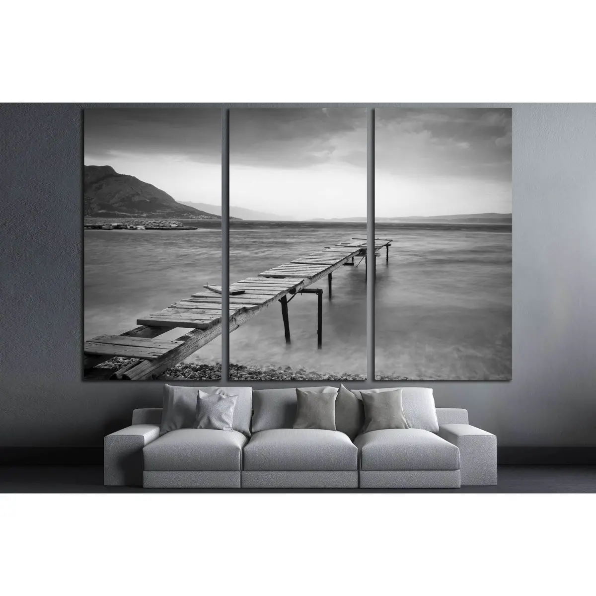 Calm Scene In Black And White With Detail Of Wooden Jetty №2924 Ready To Hang Canvas Print 5