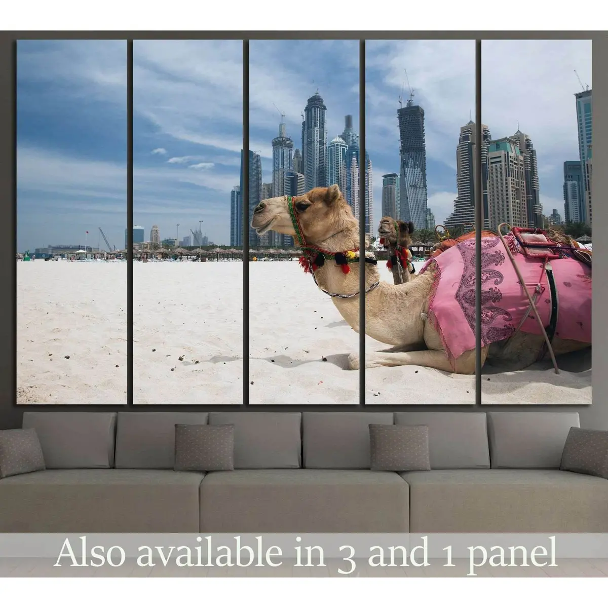 Dubai Cityscape Canvas Art Featuring Camel – Ready-to-Hang Modern Wall Decor