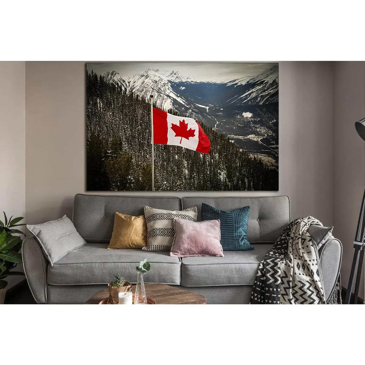 Canadian Flag Blowing The Rocky Mountains №Sl1179 Ready To Hang Canvas Print 1