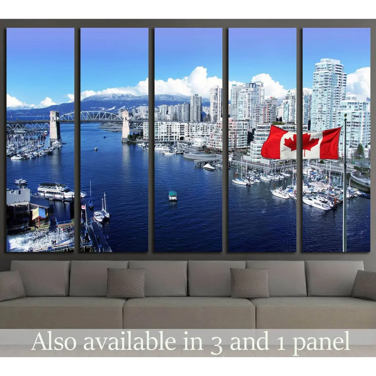 Vancouver Canvas Art: Burrard Street Bridge, False Creek & Canadian Flag – Ready-to-Hang Wall Print #1269