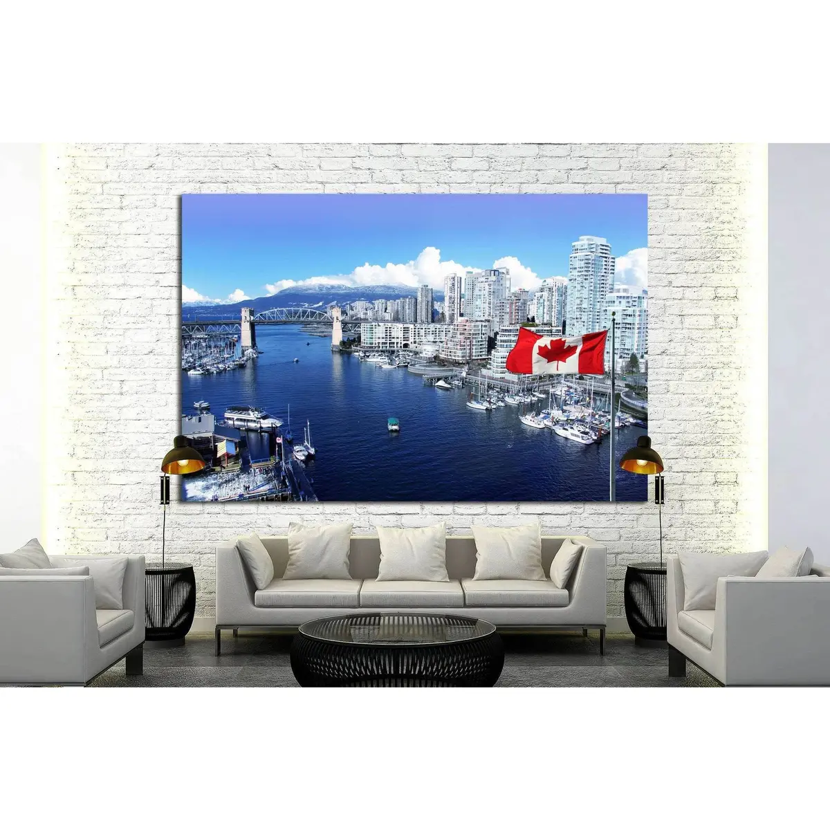Canadian Flag, False Creek, Burrard Street Bridge, Vancouver, Canada №1269 Ready To Hang Canvas Print 3