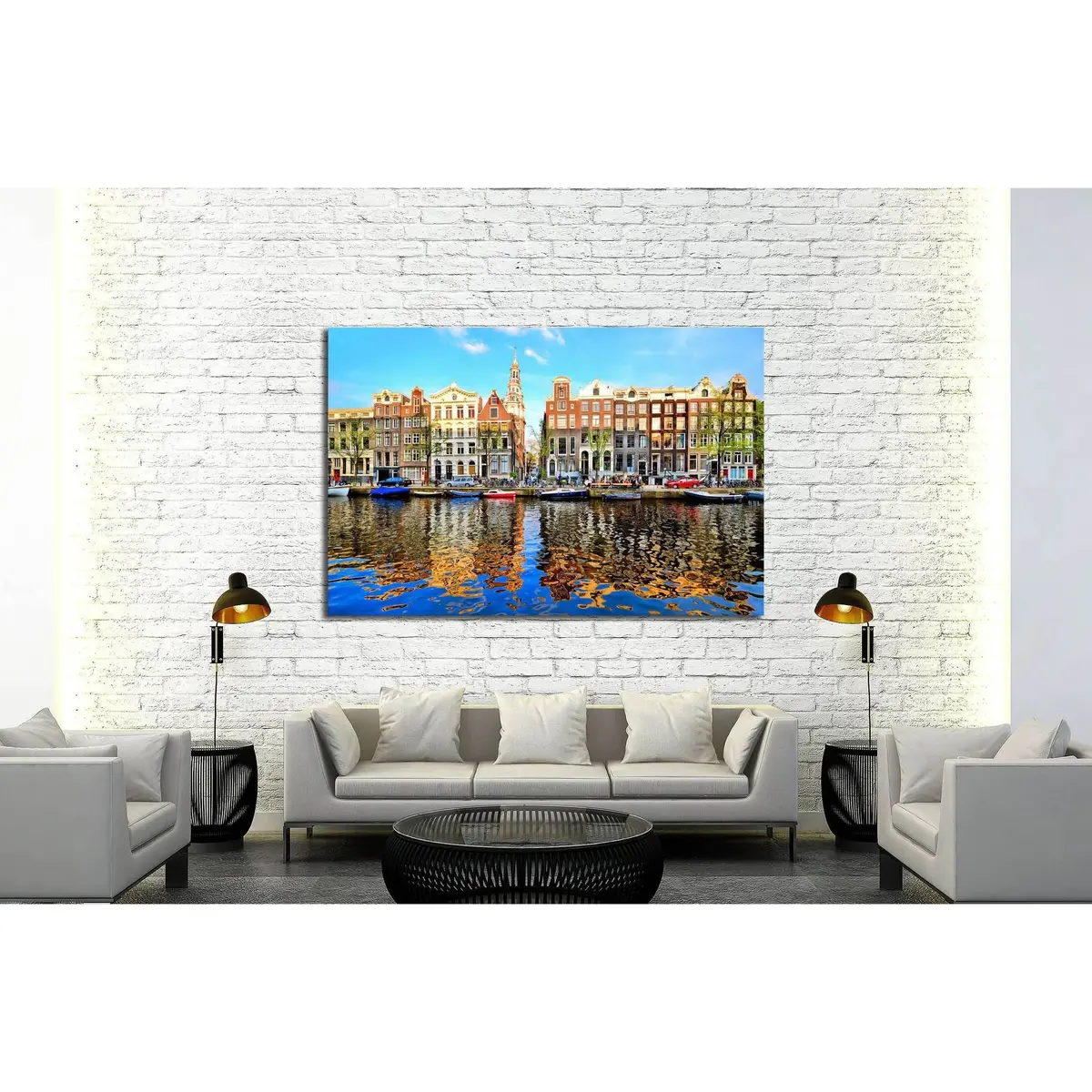 Canal Houses Of Amsterdam At Dusk With Vibrant Reflections, Netherlands №2167 Ready To Hang Canvas Print 3