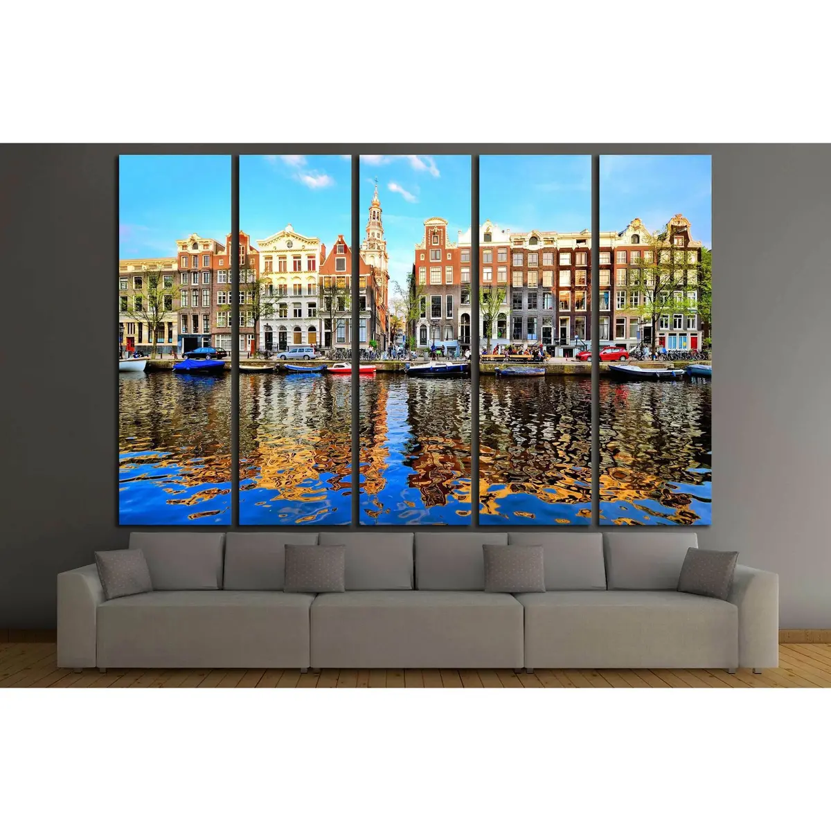 Stunning Amsterdam Canal Houses at Sunset – Ready-to-Hang Canvas Wall Art Featuring Brilliant Water Reflections - Image 3