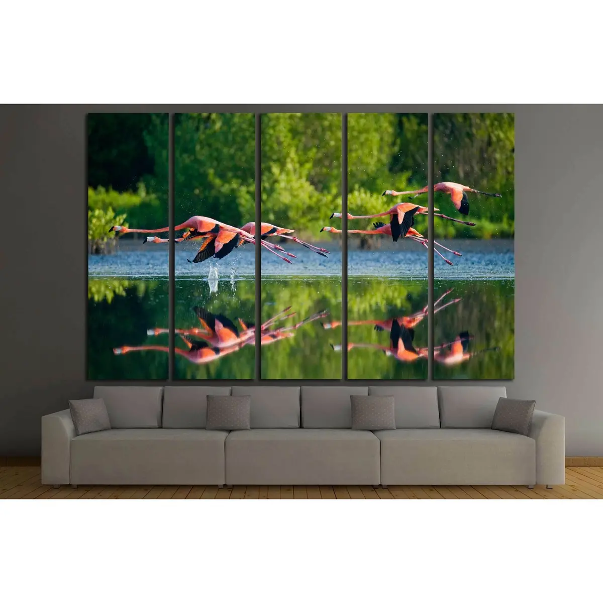Caribbean Flamingos in Flight Over Reflective Cuban Waters – Ready-to-Hang Canvas Wall Art - Image 3