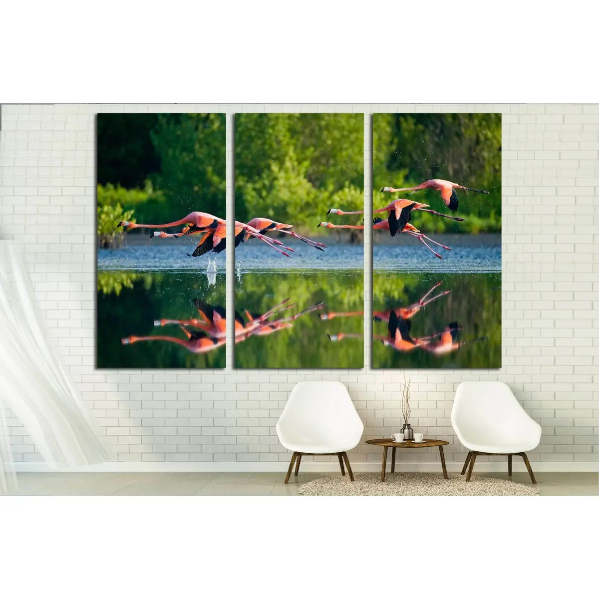 Caribbean Flamingos Flying Over Water With Reflection. Cuba №3260 Ready To Hang Canvas Print 5