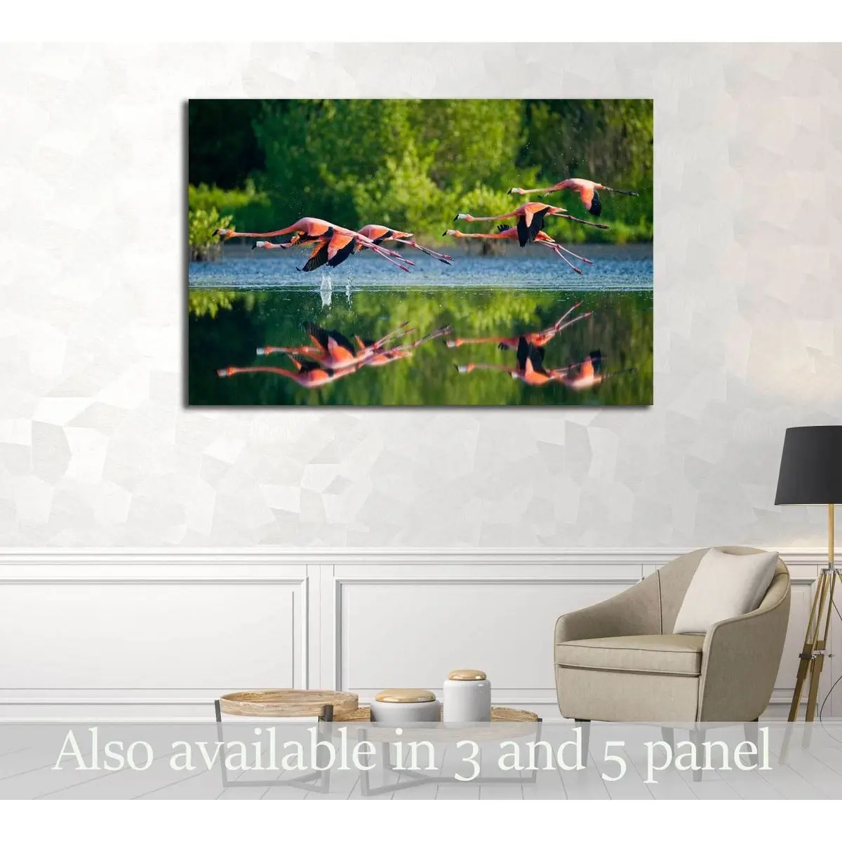 Caribbean Flamingos Flying Over Water With Reflection. Cuba №3260 Ready To Hang Canvas Print 1