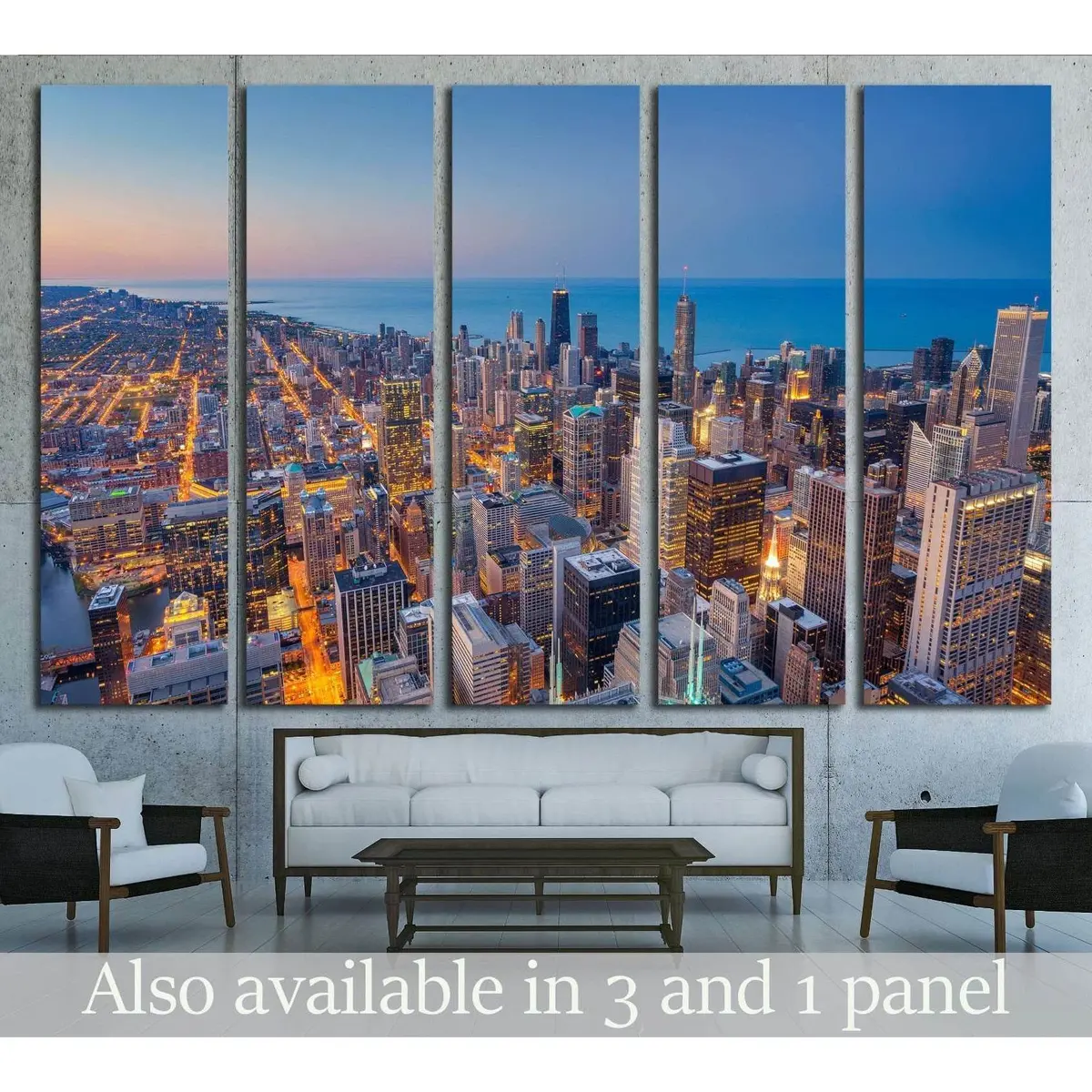 Chicago Downtown Skyline Canvas Art – Twilight Blue Hour Wall Decor