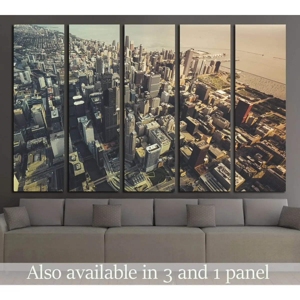 Chicago Downtown Aerial Photograph in Desaturated Tones – Ready-to-Hang Canvas Wall Art #2326