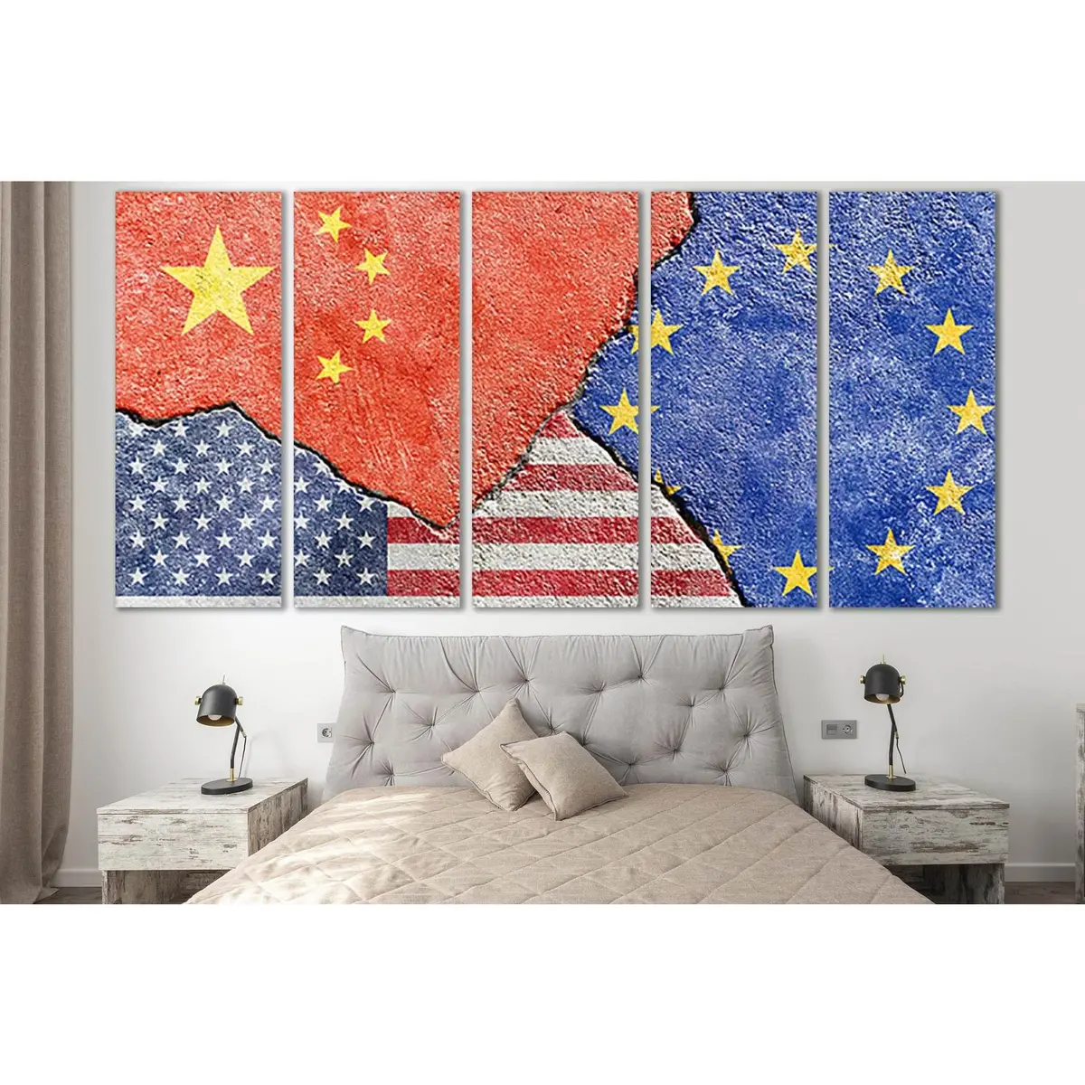 Ready-to-hang canvas wall art featuring the national flags of China, the United States, and the European Union - Image 3