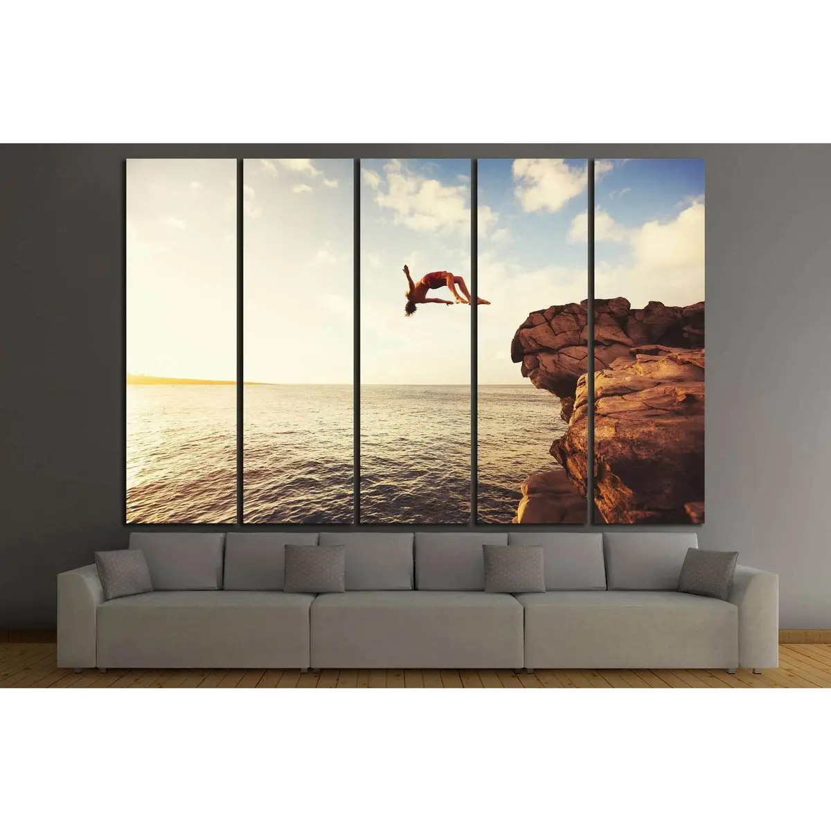 Cliff Jumping Into The Ocean At Sunset, Summer Fun Lifestyle №1380 Ready To Hang Canvas Print 3