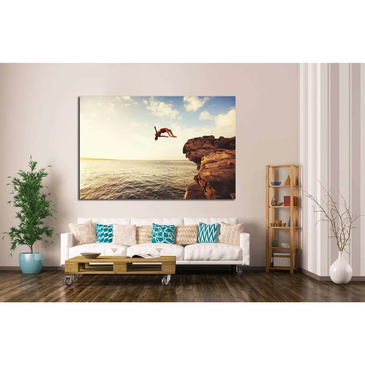 Cliff Jumping Into The Ocean At Sunset, Summer Fun Lifestyle №1380 Ready To Hang Canvas Print 2
