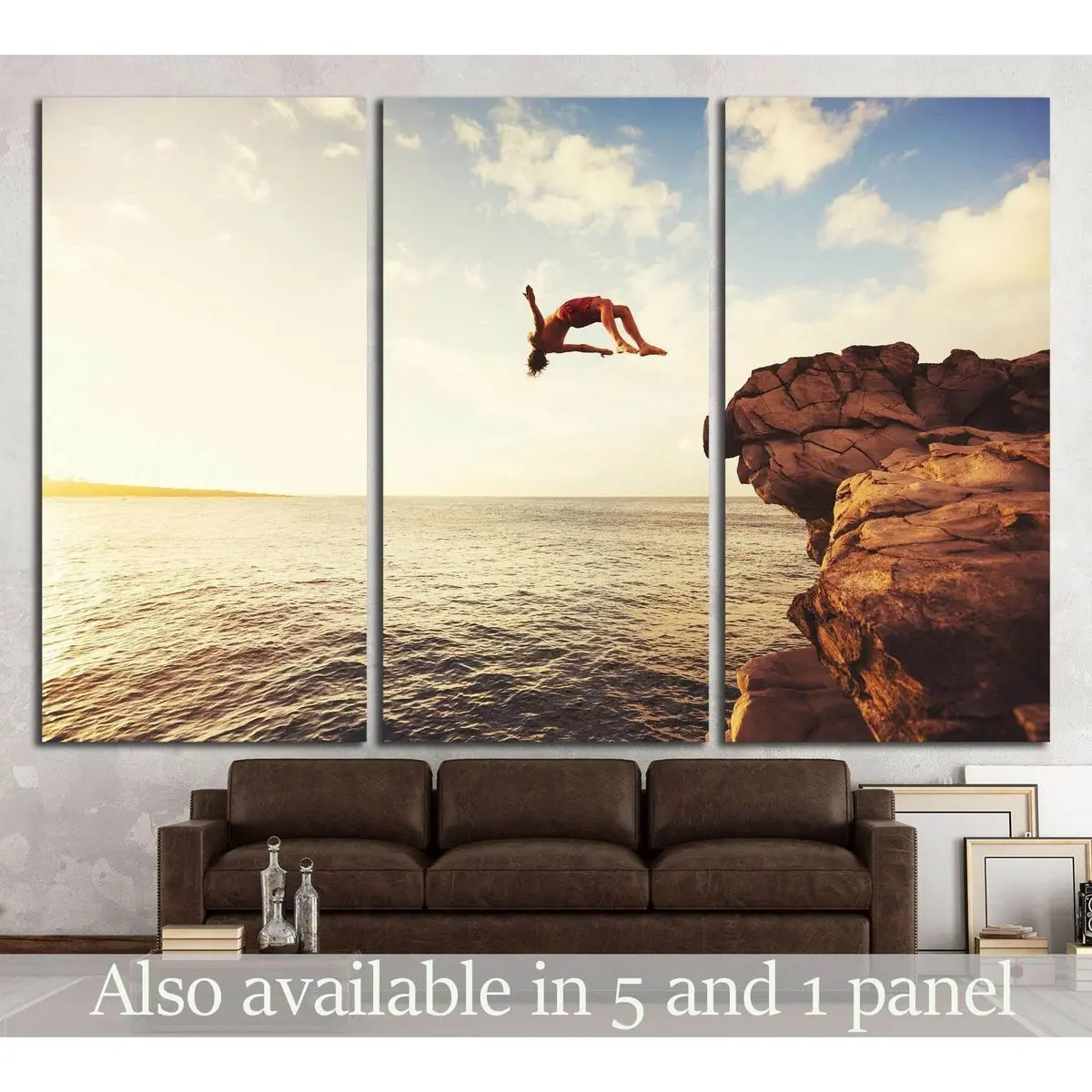 Cliff Jumping Into The Ocean At Sunset, Summer Fun Lifestyle №1380 Ready To Hang Canvas Print 1