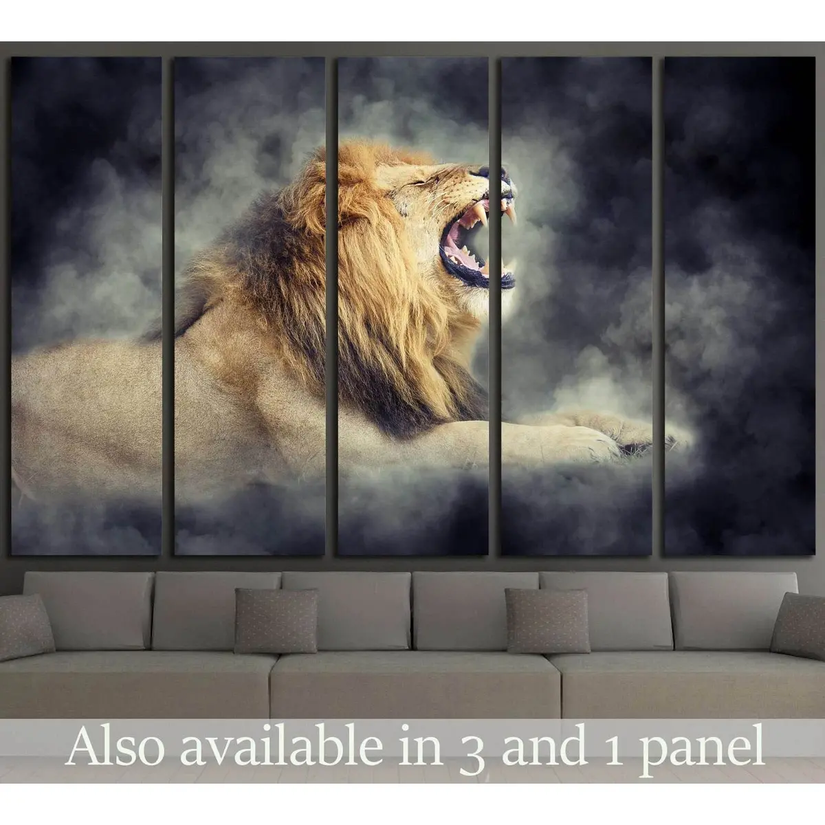 Majestic Male Lion Portrait in Smoky Atmosphere – Dark Background Canvas Wall Art