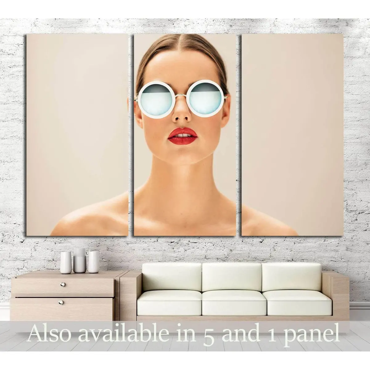 Close Up Portrait Of Pretty Young Woman With Glasses Against Beige Background №2758 Ready To Hang Canvas Print 5