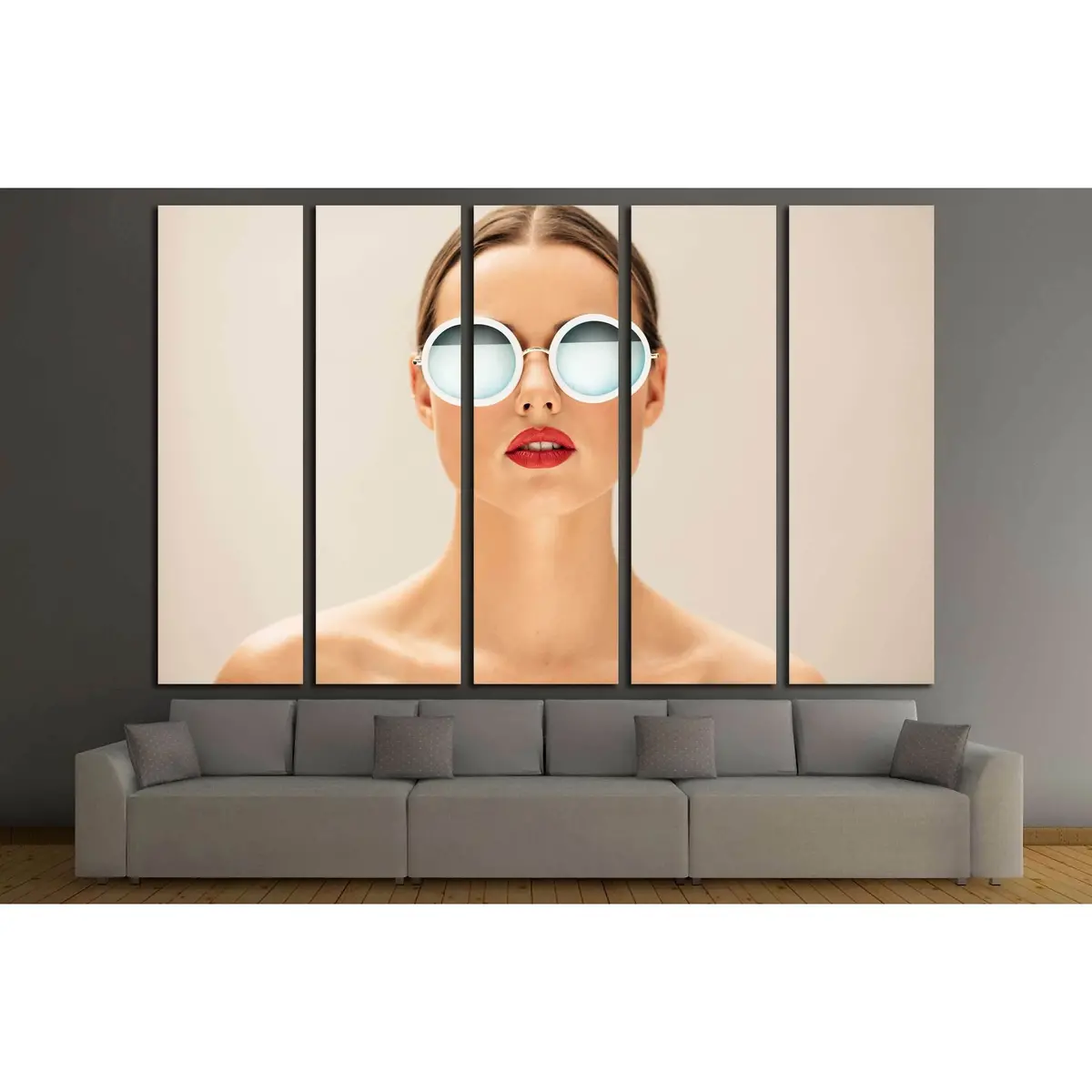 Elegant Close-Up Portrait of a Young Woman Wearing Glasses – Ready-to-Hang Canvas Wall Art on Beige Background - Image 3