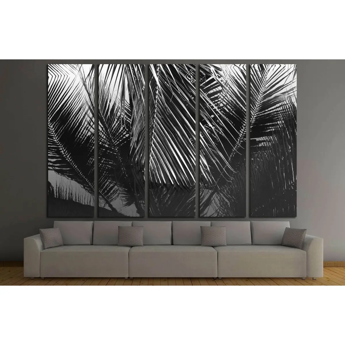 Monochrome Abstract Canvas Art: Coconut Leaves Reflection – Ready-to-Hang Wall Decor #2831 - Image 3