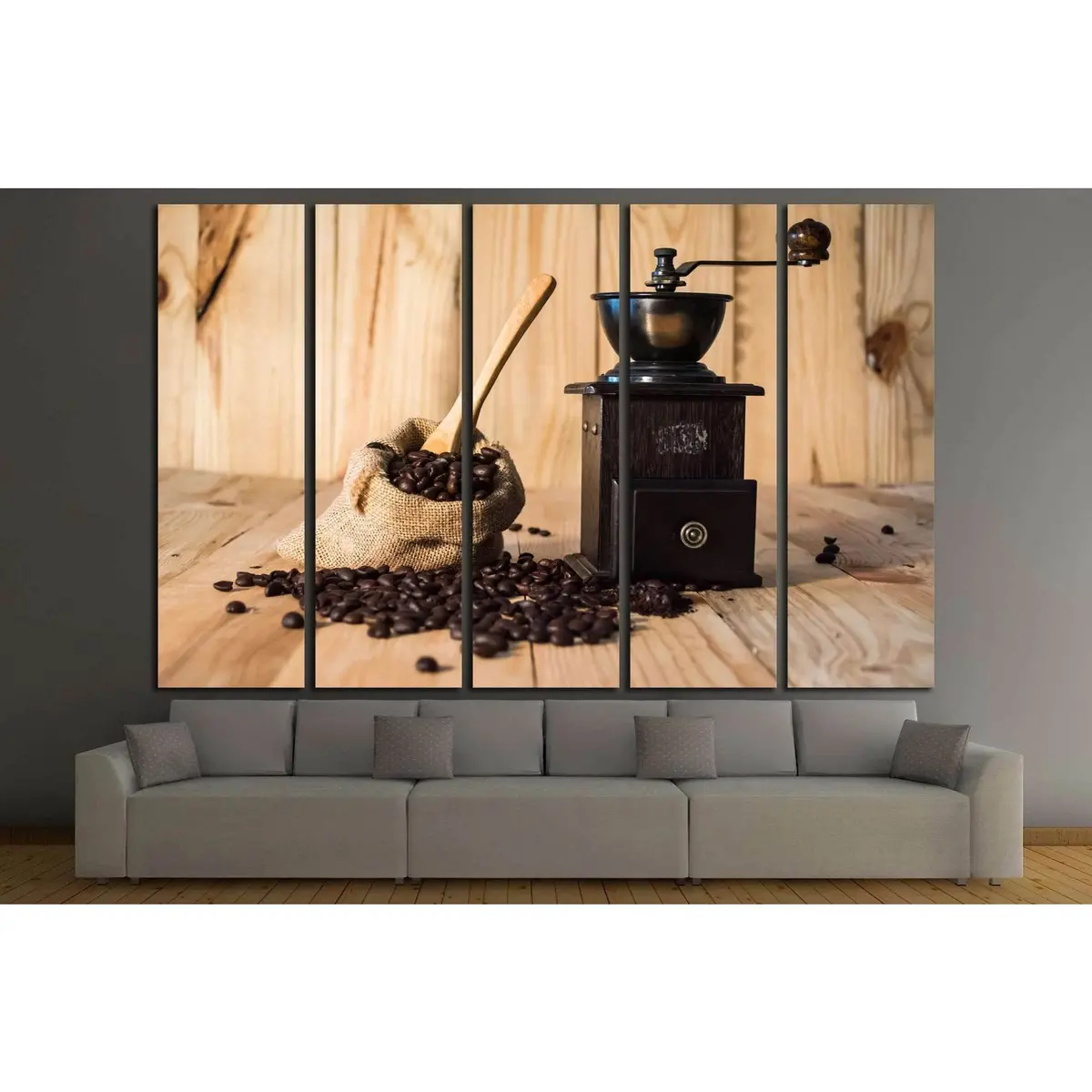 Roasted Coffee Beans in Burlap Bag on Rustic Wood Canvas Print - Image 2