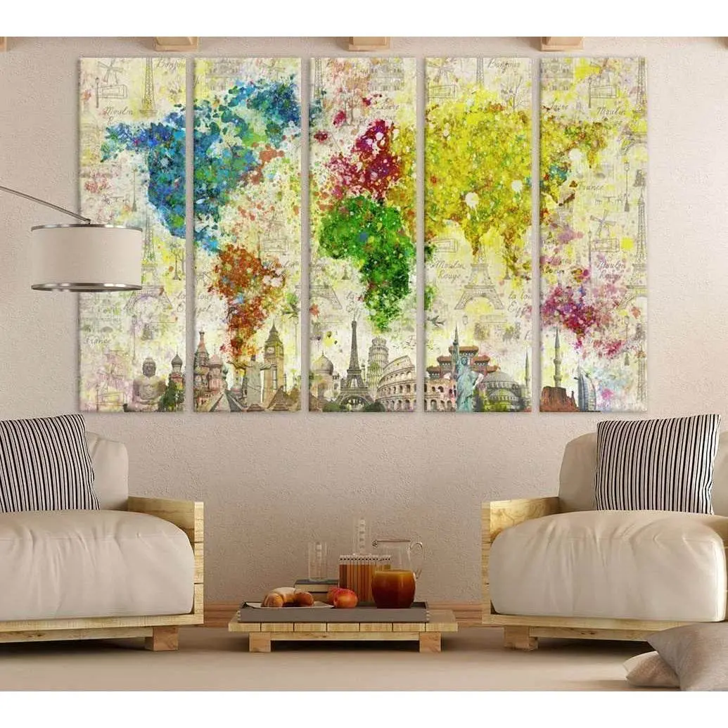 Vibrant Color Splashes World Map Canvas Art Print №701
