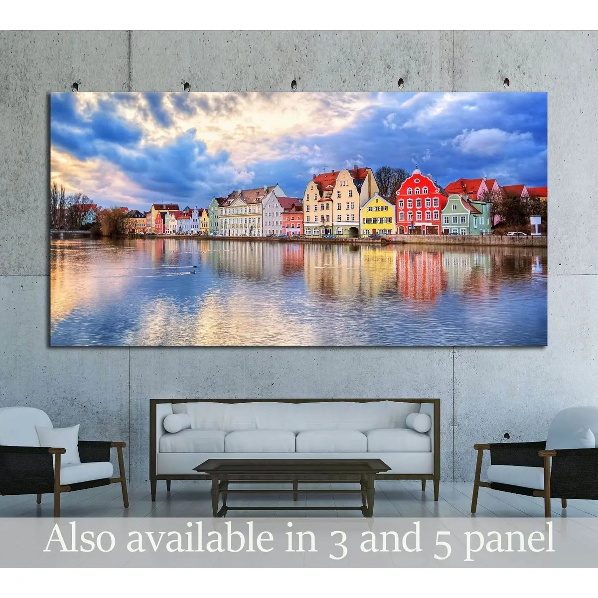 Colorful Historical Houses On Isar River In An Old Gothic Town Landshut By Munich, Germany №3033 Ready To Hang Canvas Print 1