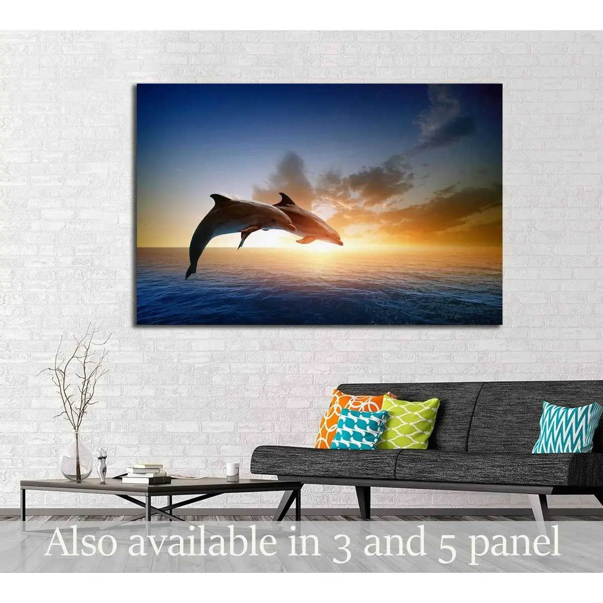 Couple Jumping Dolphins, Beautiful Sea Sunset №2792 Ready To Hang Canvas Print 1