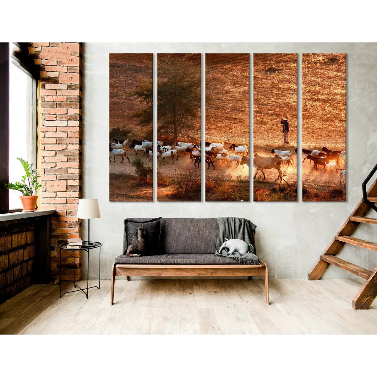 Traditional Burmese Cowherd Herding Goats and Cows in Bagan – Ready-to-Hang Canvas Wall Art