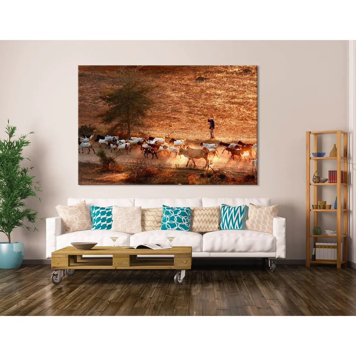 Cowherd Grazing Goats And Cows In Bagan №04227 Ready To Hang Canvas Print 3