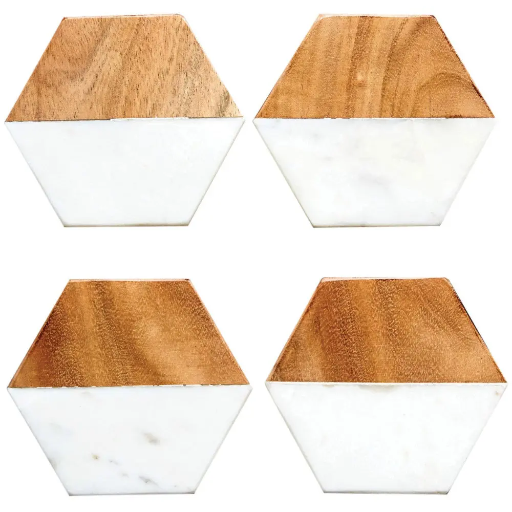 Hexagonal 4" White Marble & Mango Wood Coasters - 4 Pc. 1