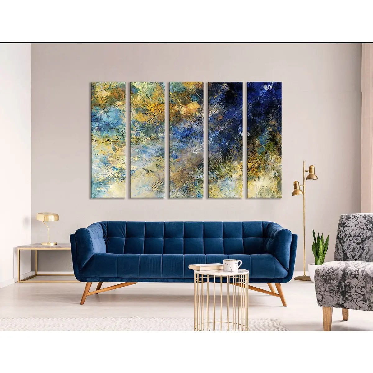 Premium Abstract Canvas Art Print in Dark Blue and Yellow – Ready-to-Hang Wall Decor #04346