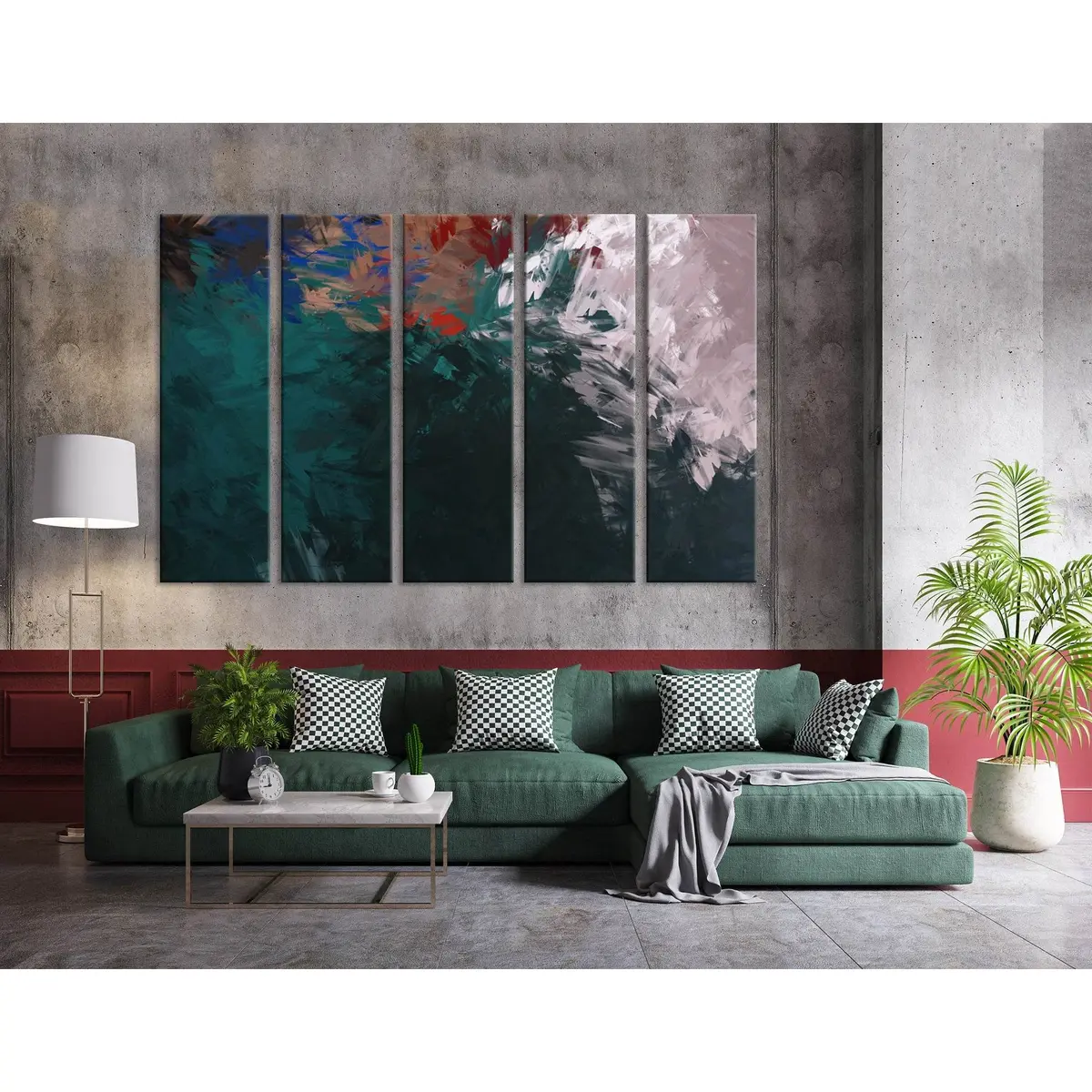 Abstract Canvas Wall Art in Dark Green, Gray & Red – Ready-to-Hang Print #04335