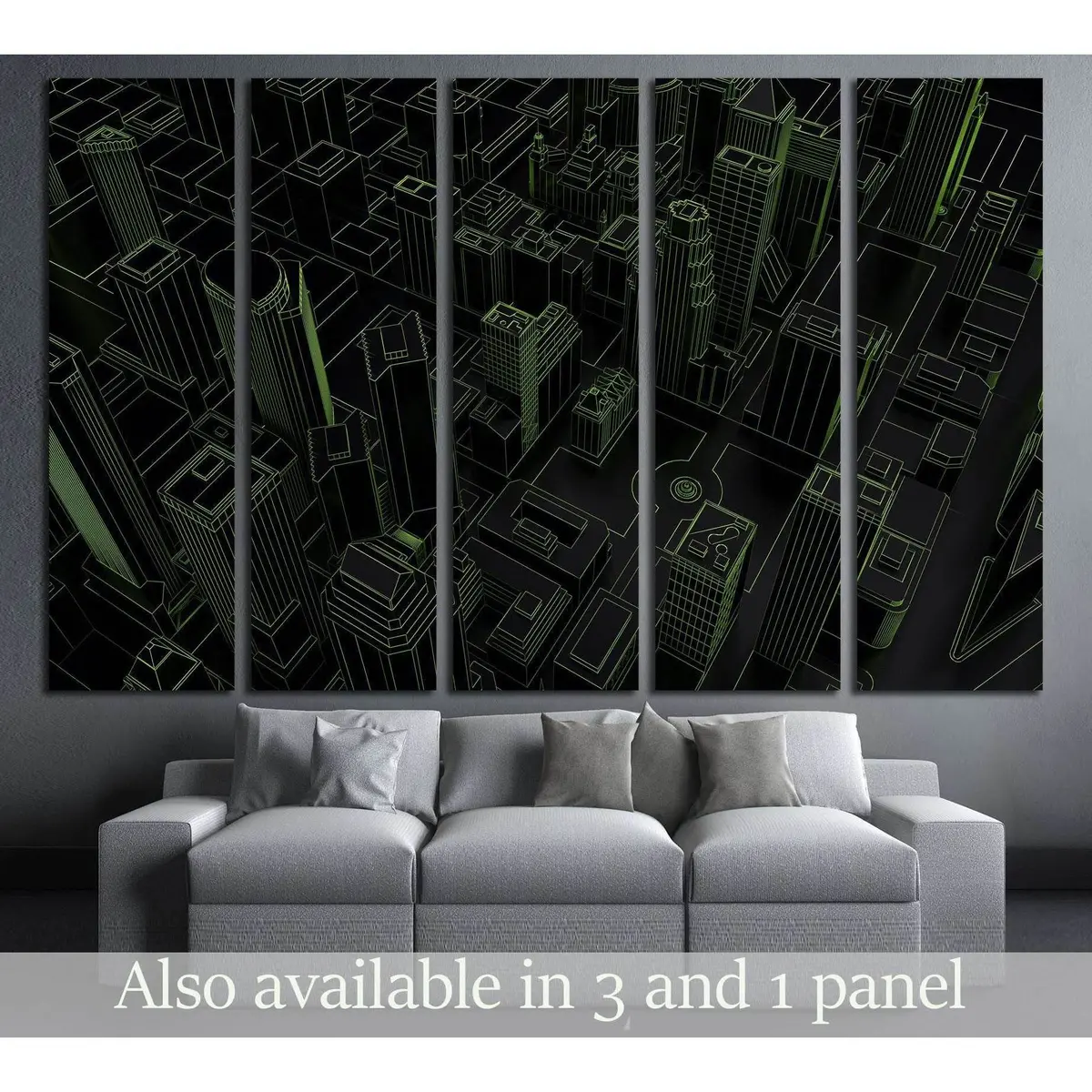 Dark Low Poly City Wall Art — Green Mesh 3D Rendering Canvas Print, Ready to Hang