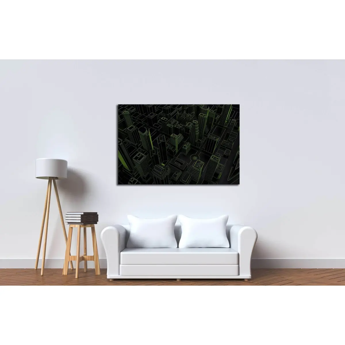 Dark Low Poly City Green Mesh. 3D Rendering №2736 Ready To Hang Canvas Print 3