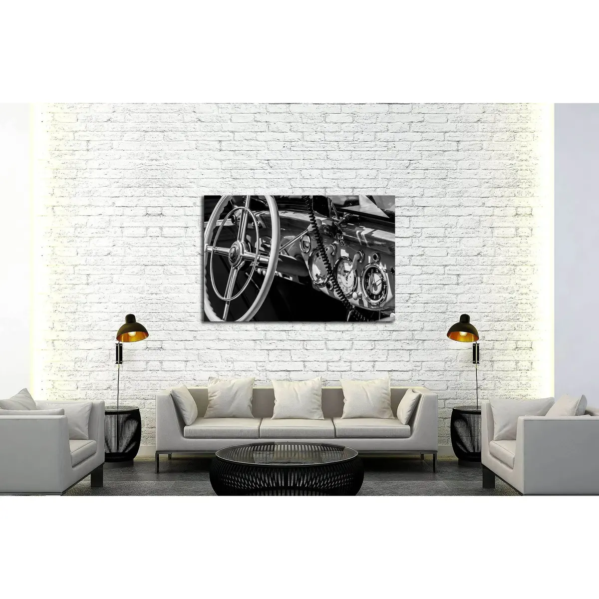 Dashboard Old Car In Black And White Retro №3280 Ready To Hang Canvas Print 3
