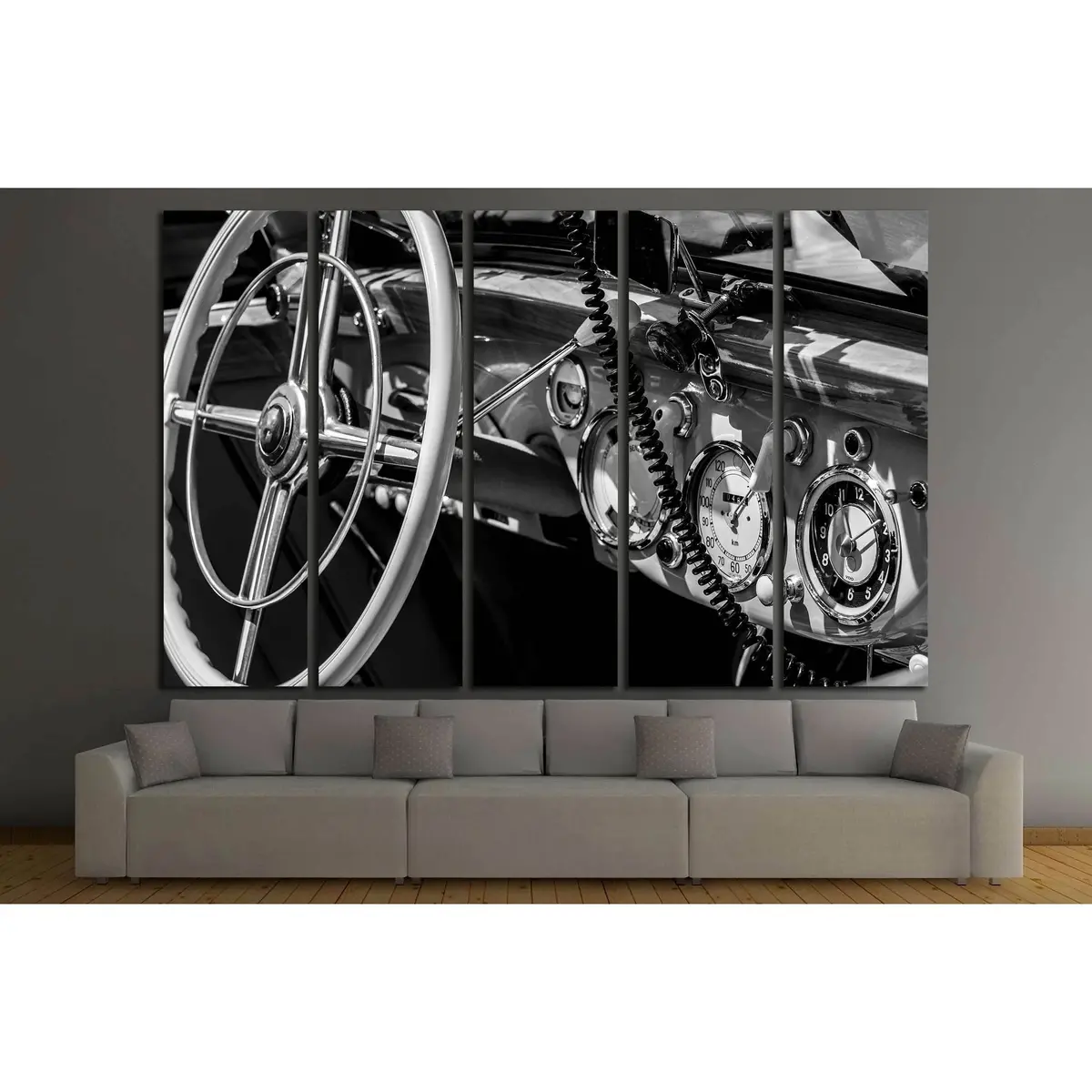 Vintage Car Dashboard Art Print in Black and White – Ready-to-Hang Canvas Wall Decor #3280 - Image 3
