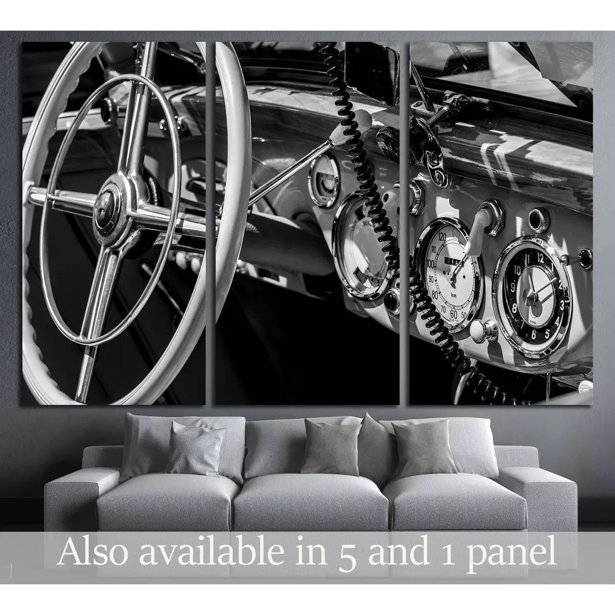 Dashboard Old Car In Black And White Retro №3280 Ready To Hang Canvas Print 5