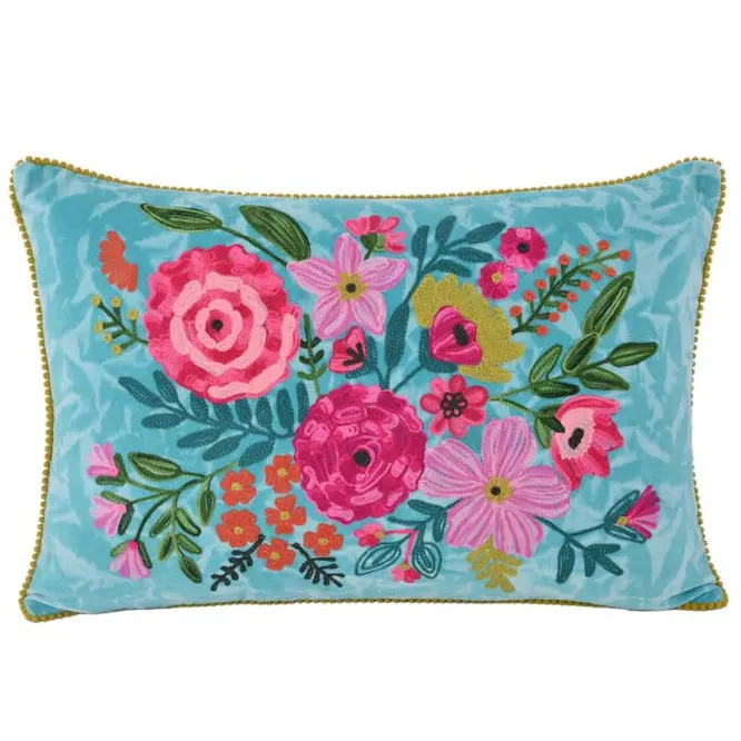 Karma Embroidered Blue Velvet Floral Cotton Lumbar Pillow - 16" X 24" 1