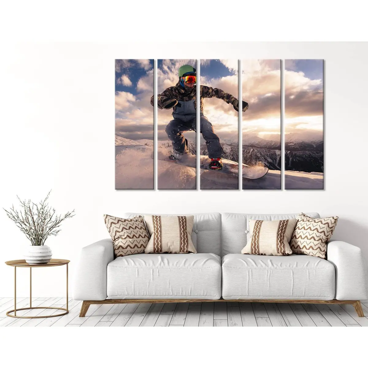 Sunset Snowboarder Descending Mountain Canvas Wall Art №04439
