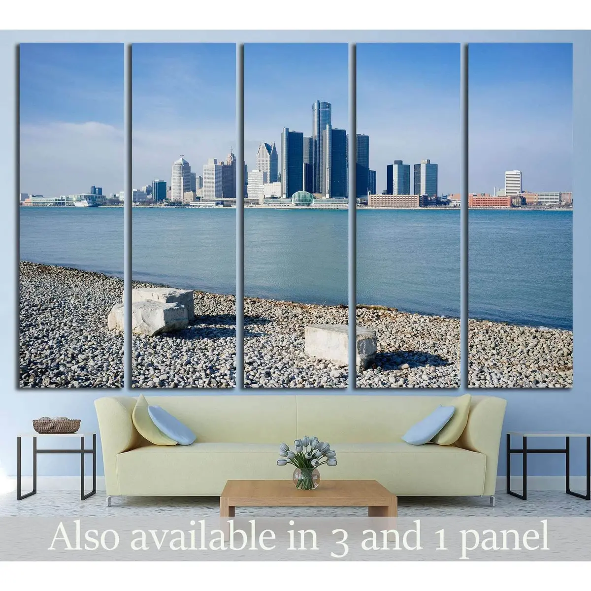 Ready-to-Hang Canvas Wall Art of Detroit's Scenic Riverfront Trail with Windsor, Ontario Skyline