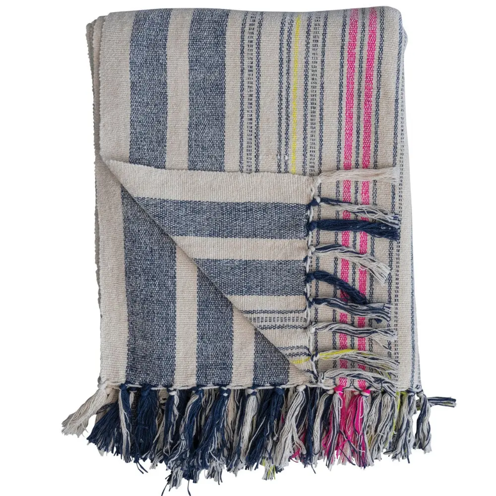 Multicolored Blue & White Frilled Striped Cotton Throw Blanket - 50" X 60" 1