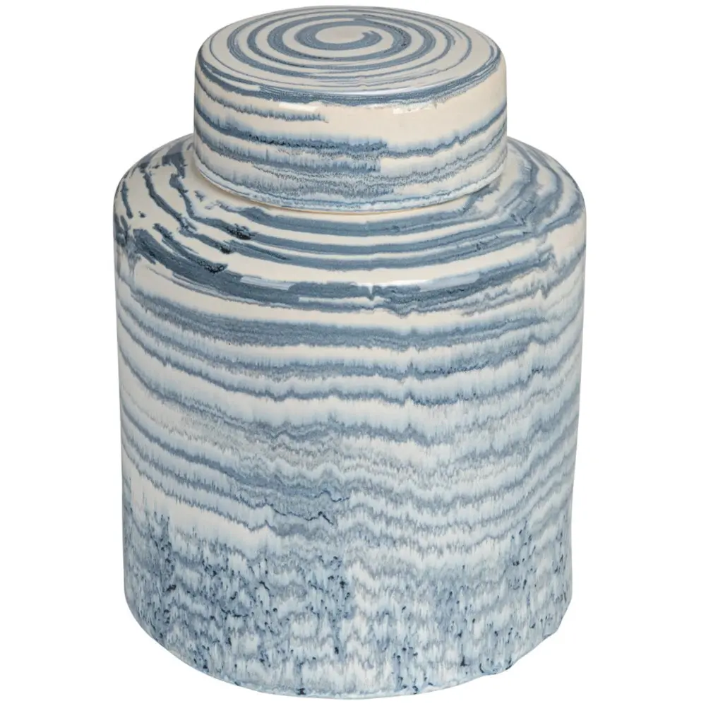 Blue Striped Glazed Stoneware Ginger Jar - 8" X 10" 1